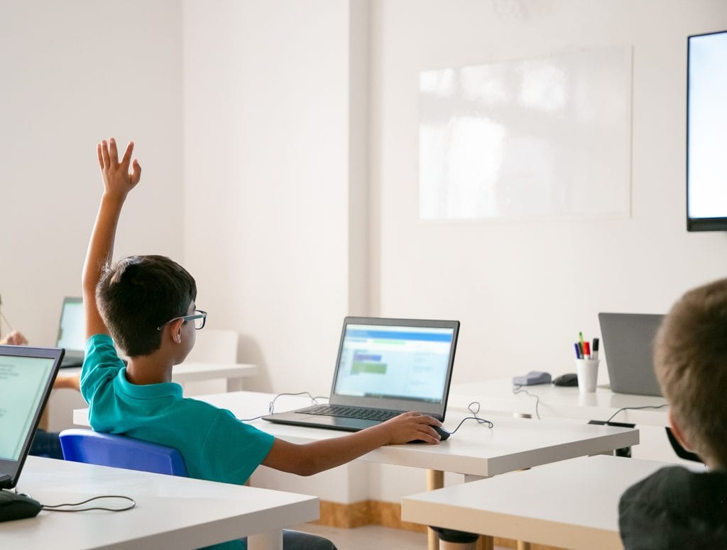 Mixed-race boy in glasses rising hand for answer during lesson